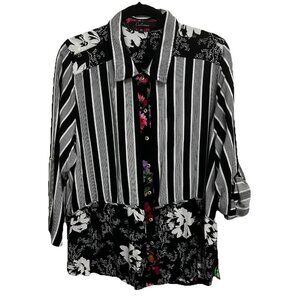 Calessa White Black Colorful Floral Striped Tunic Top‎ Roll Tab Boho Mixed Media